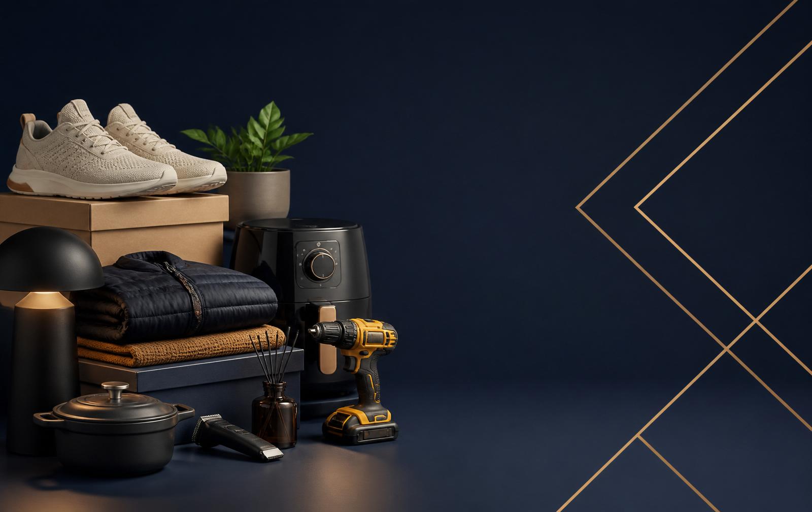 Verschillende outletproducten: schoenen, kleding, elektronica en gereedschap